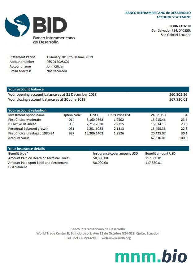 Ekwador Banco Bolivariano szablon wyciągu bankowego w programie Word i PDF